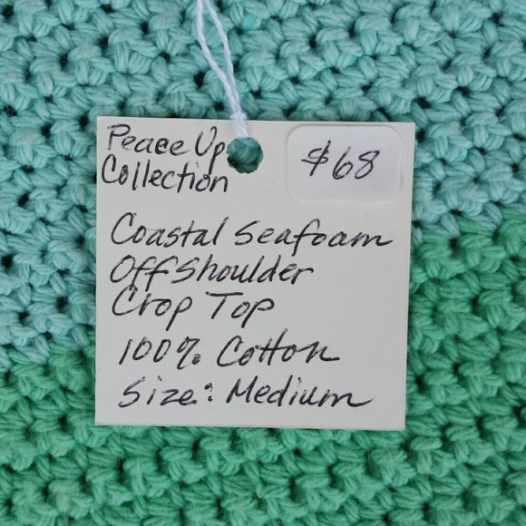 Hand Crafted Hand Crochet Boho Coastal Seafoam Green Off Shoulder Crop Top M - Picture 11 of 11